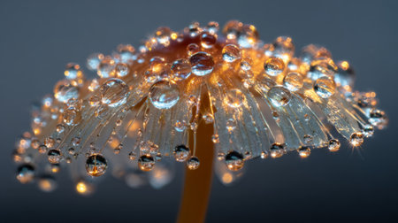 A mesmerizing close-up of a mushroom cap adorned with sparkling water droplets, capturing the essence of natureの素材