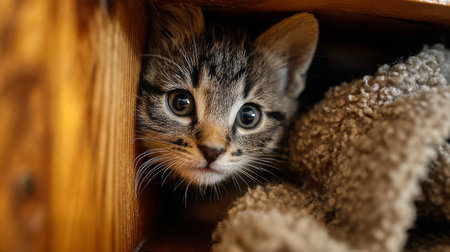 A playful kitten peeks from a cozy nook, blending soft textures and warm wood. This image captures the charming curiosity and innocence of a young feline.の素材