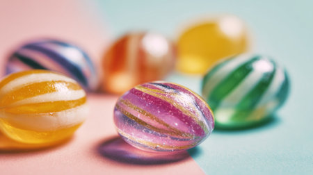 Delight in these colorful decorative candy eggs featuring vibrant stripes, perfect for enhancing festive atmospheres during celebrations and gatherings.の素材
