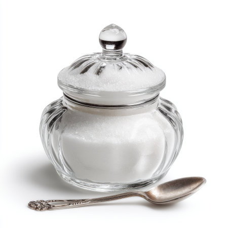 This stunning glass sugar bowl features a beautiful design paired with a vintage silver spoon, ideal for adding a touch of elegance to any culinary setting.の素材
