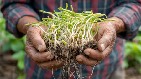 Close-up view of a farmer's hands holding healthy seedlings with visible roots, representing the importance of agriculture, growth, and sustainable practices in farming.の素材