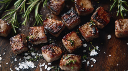 A mouthwatering display of grilled meat cubes, elegantly seasoned with fresh herbs and sea salt. Ideal for culinary presentations and gourmet dishes.の素材