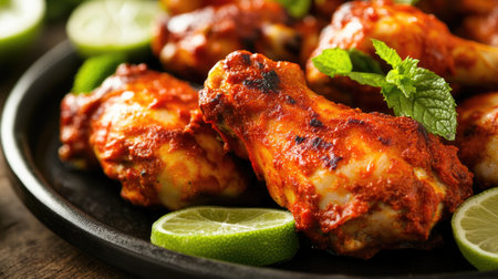 Savor the allure of spicy chicken wings garnished with fresh mint and lime. This dish is perfect for gatherings, parties, or a satisfying meal.の素材
