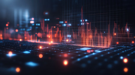 A captivating digital data visualization featuring glowing graphs and charts. This high-tech background illustrates trends and statistics in a modern data analysis environment.の素材