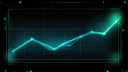 This digital graph displays a rising trendline, representing growth in data analytics. Ideal for concepts related to finance, technology, and performance metrics.の素材
