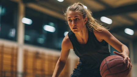 A young female basketball player demonstrates her dedication and skill while dribbling a basketball in a sports hall. The moment captures her focus and athleticism.の素材