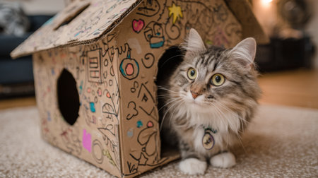 A charming cat sits in a creatively designed cardboard house filled with colorful drawings. The indoor setting exudes warmth and playfulness, perfect for pet lovers.の素材