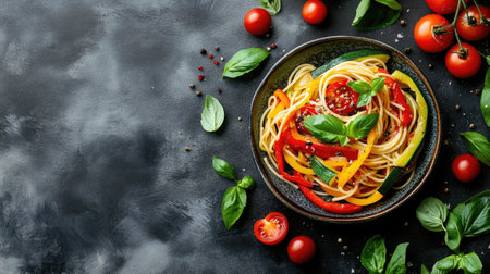 A vibrant bowl of pasta adorned with fresh basil, tomatoes, and colorful peppers. This enticing dish is perfect for gourmet dining or everyday meals.の素材