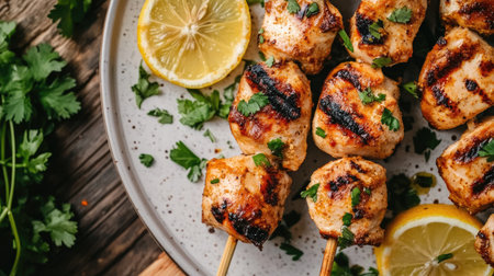 Savory grilled chicken skewers arranged on a rustic plate, garnished with fresh herbs and lemon slices. Perfect for summer gatherings and barbecues.の素材