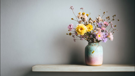 This stunning image showcases a beautiful arrangement of colorful flowers in a ceramic vase, elegantly placed on a wooden shelf against a soft gray wall. Perfect for decor inspiration.の素材