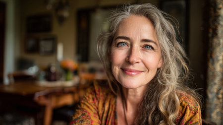 A warm portrait of a mature woman with beautiful gray hair, exuding joy and comfort in a cozy indoor setting. The natural light enhances her cheerful smile.の素材