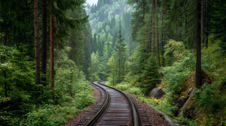 A captivating view of a railway track gracefully curving through a vibrant green forest, surrounded by majestic mountains and a tranquil atmosphere.の素材