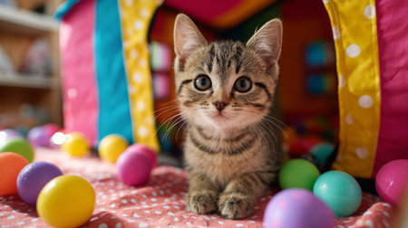 A charming tabby kitten rests among colorful Easter eggs in a cozy playroom setting, creating a cheerful and playful atmosphere perfect for springtime joy.の素材