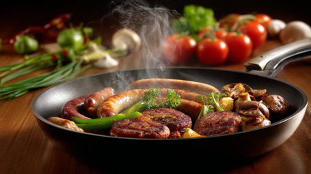 A mouthwatering display of grilled sausages and meats accompanied by fresh vegetables with aromatic herbs, creating an inviting and flavorful dining experience.の素材