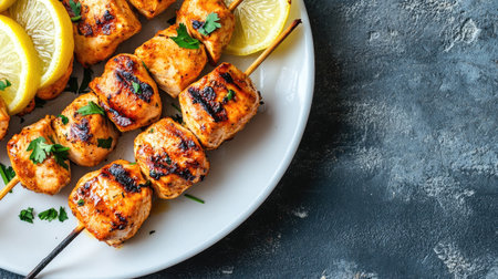 Enjoy a delicious plate of grilled chicken skewers garnished with fresh lemon slices. Perfect for summer barbecues or elegant dinner parties, this dish offers a savory and juicy flavor.の素材