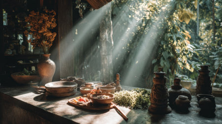 A serene forest kitchen illuminated by beams of sunlight showcases rustic utensils and fresh ingredients, perfect for traditional cooking and creative culinary endeavors.の素材