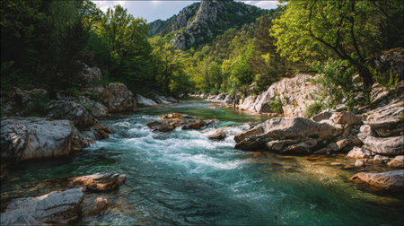 A stunning river flows through a lush green forest, bordered by rocky landscapes. The tranquil water reflects the surrounding nature, showcasing peace and beauty.の素材