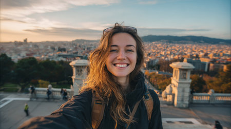 A joyful young woman captures a stunning selfie against a beautiful city skyline during sunset. Her vibrant smile reflects happiness and adventure, perfect for travel themes.の素材