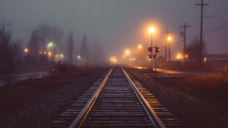 An evocative night image showing empty railroad tracks in fog, illuminated by soft street lights. The atmospheric scene conveys mystery and solitude, perfect for evoking emotion.の素材