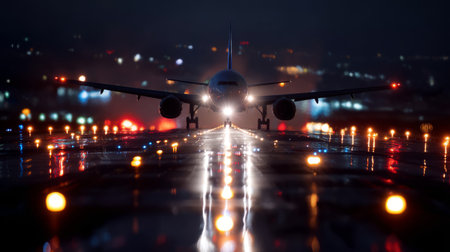 A dramatic nighttime image shows an airplane approaching a wet runway, surrounded by reflections and illuminated airport lights, creating a captivating travel atmosphere.の素材
