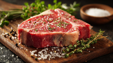A fresh raw steak rests on a rustic wooden board, garnished with herbs and sea salt, perfect for culinary enthusiasts and healthy cooking inspirations.の素材