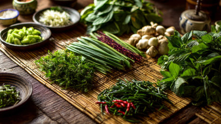 A beautiful arrangement of fresh green vegetables and herbs laid out on a wooden table, ideal for inspiring culinary creations and showcasing vibrant flavors.の素材