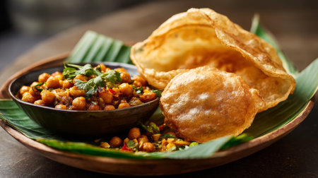 Experience the rich flavors of traditional Indian cuisine with spiced chickpeas and crispy puris served on fresh green leaves, perfect for any occasion.の素材