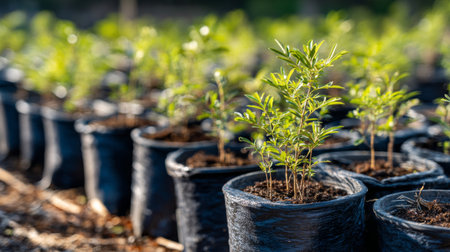 This vibrant image captures young green plants thriving in black plastic pots at a nursery, showcasing their growth in natural light with a soft focus.の素材