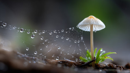 This enchanting image features a delicate mushroom adorned with glistening water droplets, surrounded by vibrant green foliage on a serene forest floor.の素材