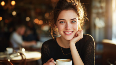 A cheerful young woman is sipping coffee in a cozy cafの素材