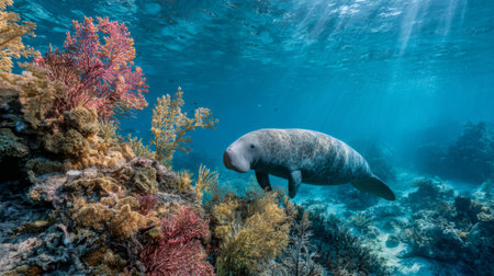A serene underwater scene featuring a gentle manatee swimming gracefully among vibrant coral reefs, showcasing the beauty of marine life in clear ocean waters.の素材