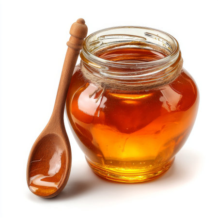 A glass jar filled with golden honey sits next to a wooden spoon, emphasizing the natural sweetness and vibrant color, perfect for food and wellness themes.の素材