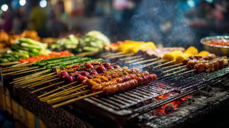 A captivating scene showcasing a vibrant street food market at night, featuring an array of grilled skewers alongside fresh vegetables. The smoky aroma fills the air as vendors prepare delicious meals.の素材