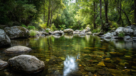 A serene forest stream showcases smooth stones and vibrant greenery, reflecting the peaceful beauty of nature in a tranquil setting. Perfect for relaxation.の素材