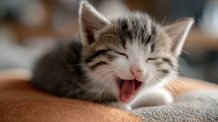 A cute kitten is captured yawning on a cozy surface, radiating innocence and playfulness. This close-up image invites viewers to enjoy the charm of young felines.の素材