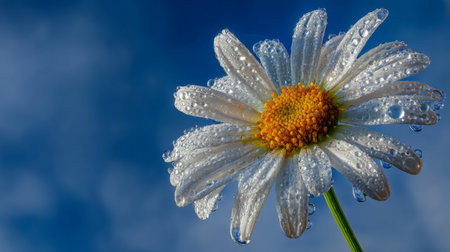 A stunning close-up shot of a white daisy flower adorned with sparkling water drops, showcasing its intricate petals against a vivid blue sky backdrop.の素材
