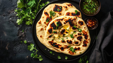 Savory naan bread garnished with fresh herbs, served with vibrant dips. Perfect for Indian cuisine lovers seeking a flavorful dining experience.の素材