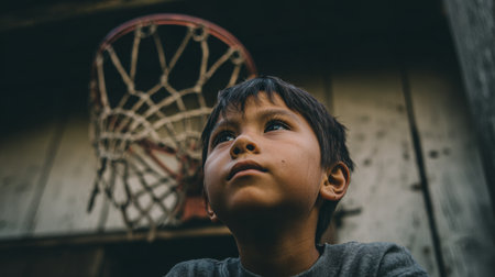 A young boy gazes upward with determination and hope as he stands beneath a basketball hoop. The rustic background adds charm to this candid moment in sporting life.の素材
