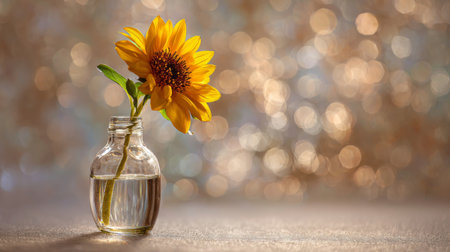 A stunning close-up of a single yellow sunflower in a clear glass vase filled with water, beautifully showcased against a shimmering gold bokeh background.の素材