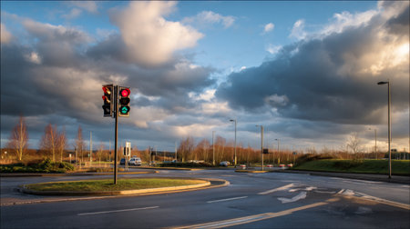 A traffic light with red and green signals stands at an intersection, surrounded by a picturesque sky filled with clouds, highlighting urban life and safety.の素材
