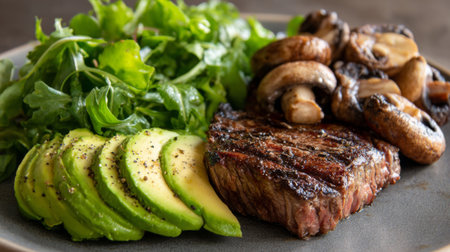 Enjoy a beautifully arranged plate featuring grilled steak paired with fresh avocado slices, sautの素材