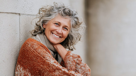 A joyful senior woman with curly gray hair leans against a wall, showcasing a warm smile. Her cozy autumn sweater reflects comfort and relaxation in a serene outdoor setting.の素材