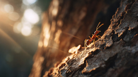 Stunning macro view of an ant navigating tree bark illuminated by warm sunlight. This image showcases the intricate details of nature and the beauty of small creatures in their environment.の素材