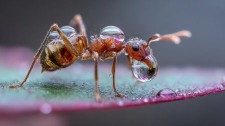 This macro photograph captures a vibrant ant with dew drops on a colorful leaf, showcasing intricate details of nature and the delicate balance of ecosystems.の素材