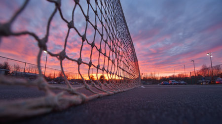 Captured during a stunning sunset, this image showcases a sports court net in the foreground with a vibrant sky painted in hues of pink and orange, creating a serene atmosphere.の素材