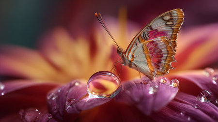 This captivating macro image features a delicate butterfly resting on a vibrant petal, adorned with sparkling water droplets. A stunning representation of nature's intricate beauty.の素材