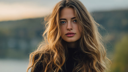 A captivating portrait of a young woman outdoors, with long flowing hair and a serene expression. The soft light enhances her natural beauty against a scenic background.の素材