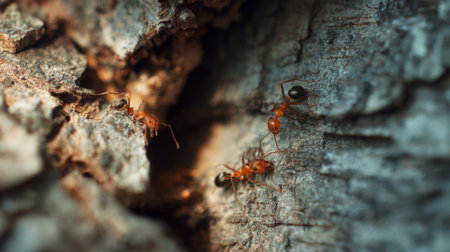 This macro image captures ants intricately exploring tree bark, showcasing their vibrant colors and the detailed texture of the natural environment.の素材