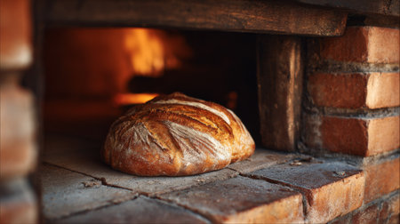 A rustic scene showcasing a fresh loaf of artisan bread resting in a traditional brick oven, with warm lighting enhancing the inviting and comforting atmosphere.の素材