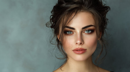 A stunning portrait of a young woman showcasing her striking blue eyes and flawless skin, set against a minimal gray backdrop. Perfect for beauty and fashion themes.の素材